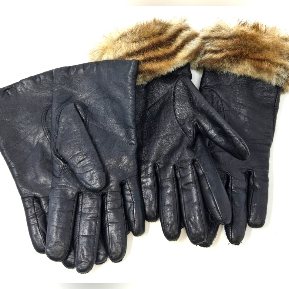 VINTAGE BLACK LEATHER GLOVES SET OF 2 GATES FLEECE LINED FAUX FUR TRIM WOMEN OS
